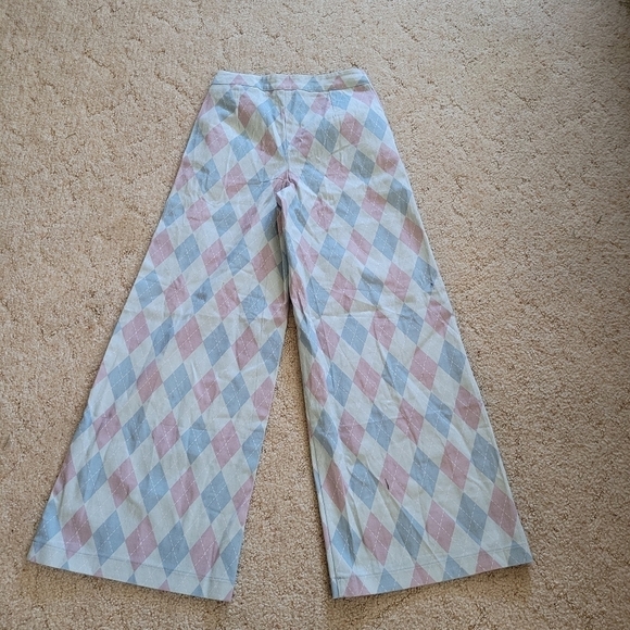 Dolls Kill Sugar Thrillz Blue and Pink Argyle Print Wide Leg Pants - Picture 1 of 5